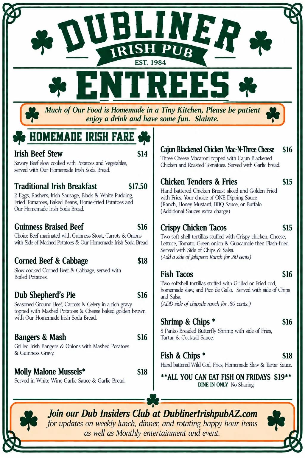Irish pub menu featuring traditional entrees and prices