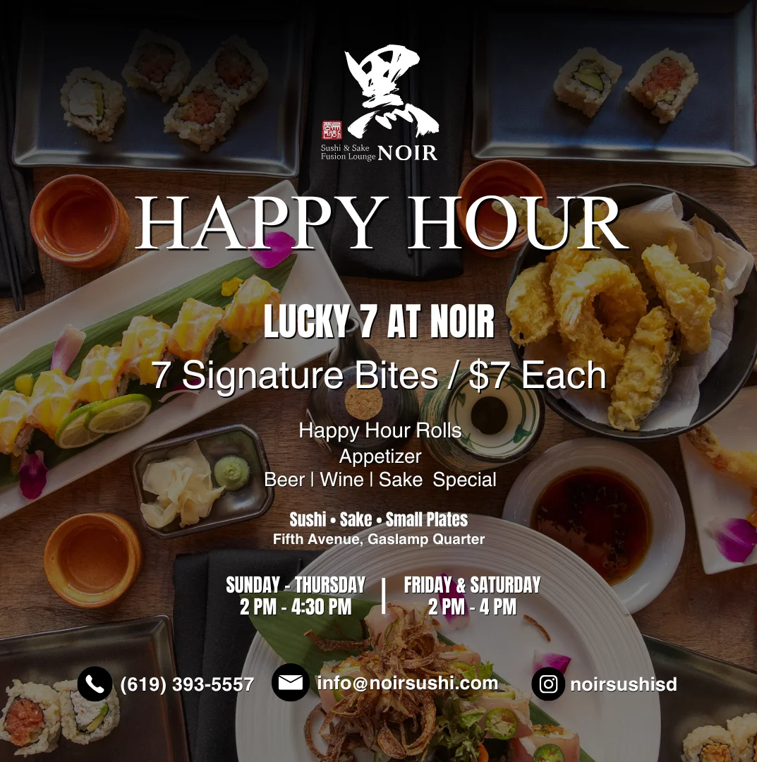 Happy Hour promotion at Noir with sushi and small plates details.