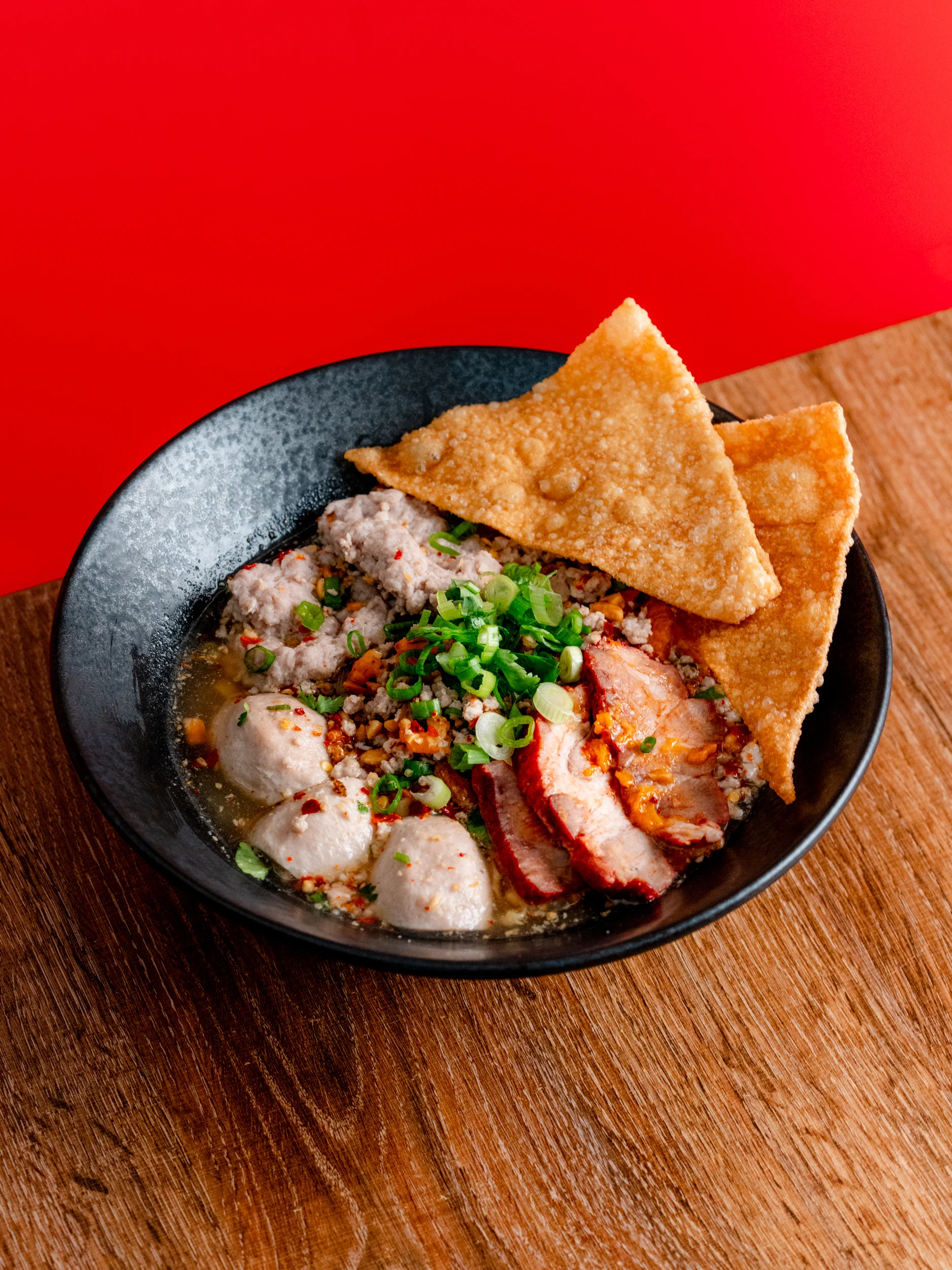 Spicy Thai tom yum noodle soup with shrimp and egg
