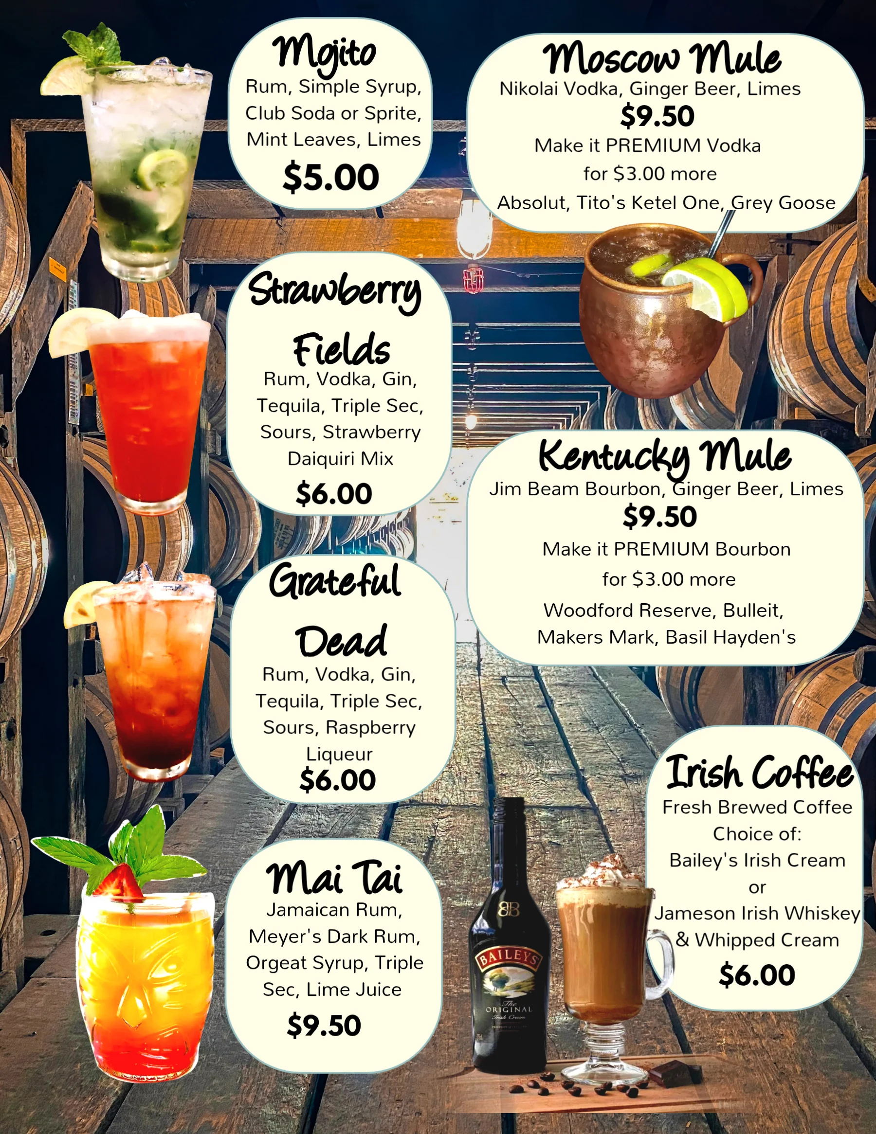 Cocktail menu featuring various drinks in a rustic bar setting