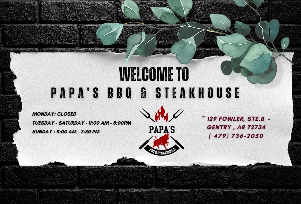 Restaurant sign for Papa's BBQ & Steakhouse in Gentry, Arkansas