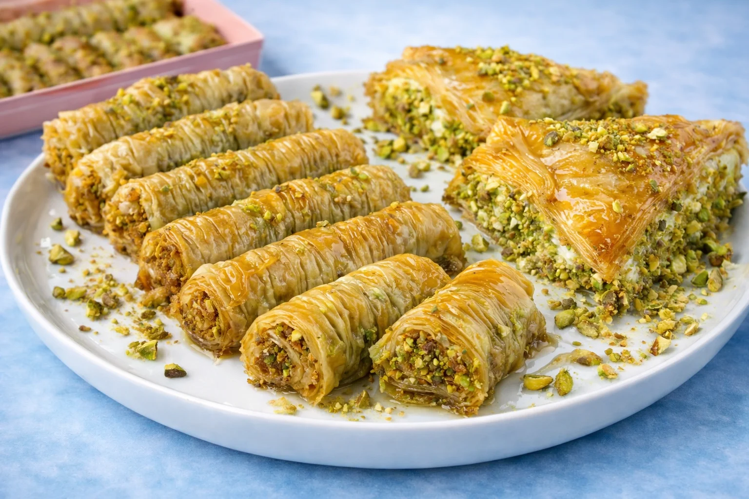 A plate of baklava featuring layers of flaky pastry filled with nuts and drizzled with syrup. The desserts are garnished with crushed pistachios.