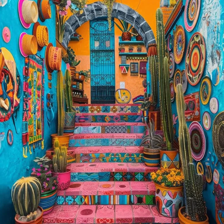 Colorful staircase adorned with plants and vibrant decorations