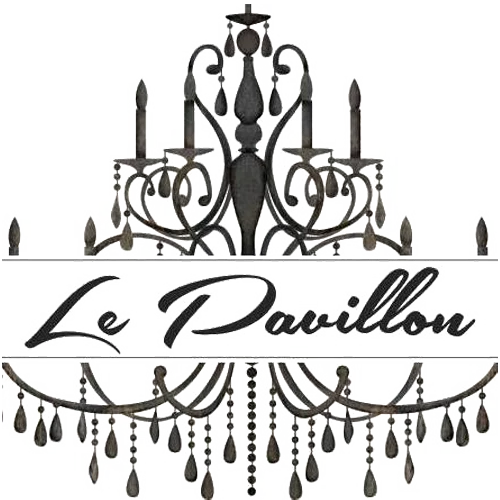 Chandelier logo for Le Pavillon restaurant with elegant design.