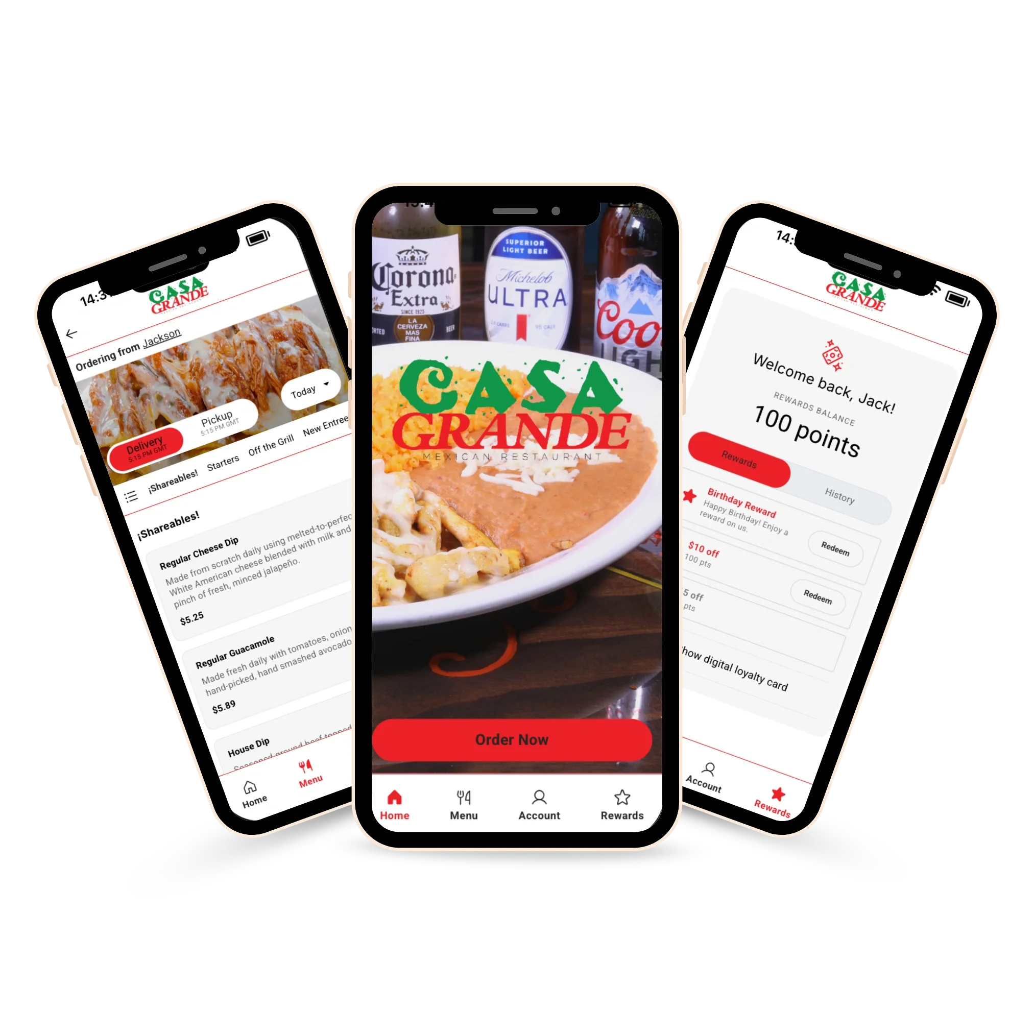 Mobile app interface for Casa Grande restaurant showcasing menu and rewards