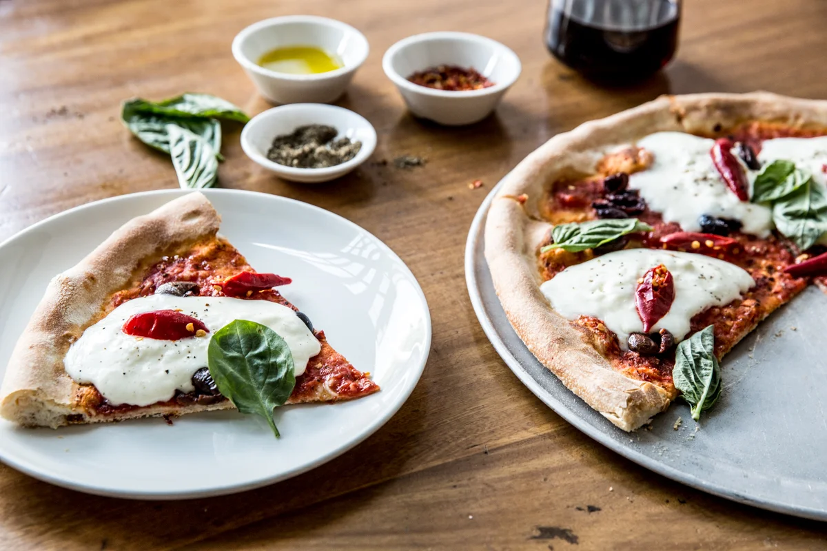 pizza buratta and red wine