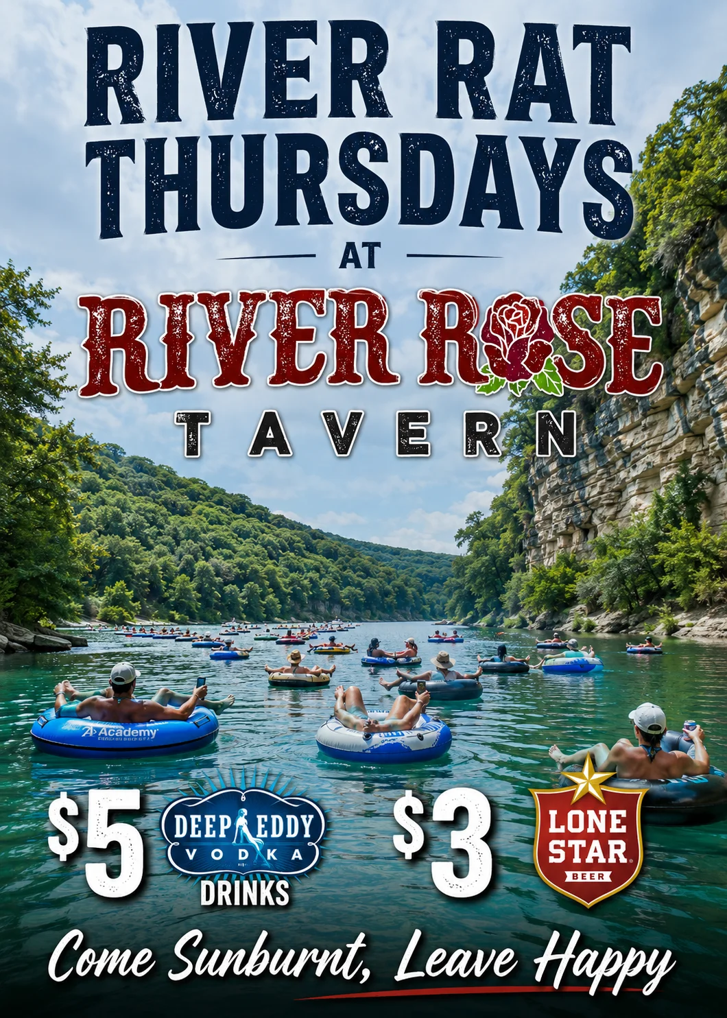 Promotional poster for River Rat Thursdays at River Rose Tavern with drink specials.