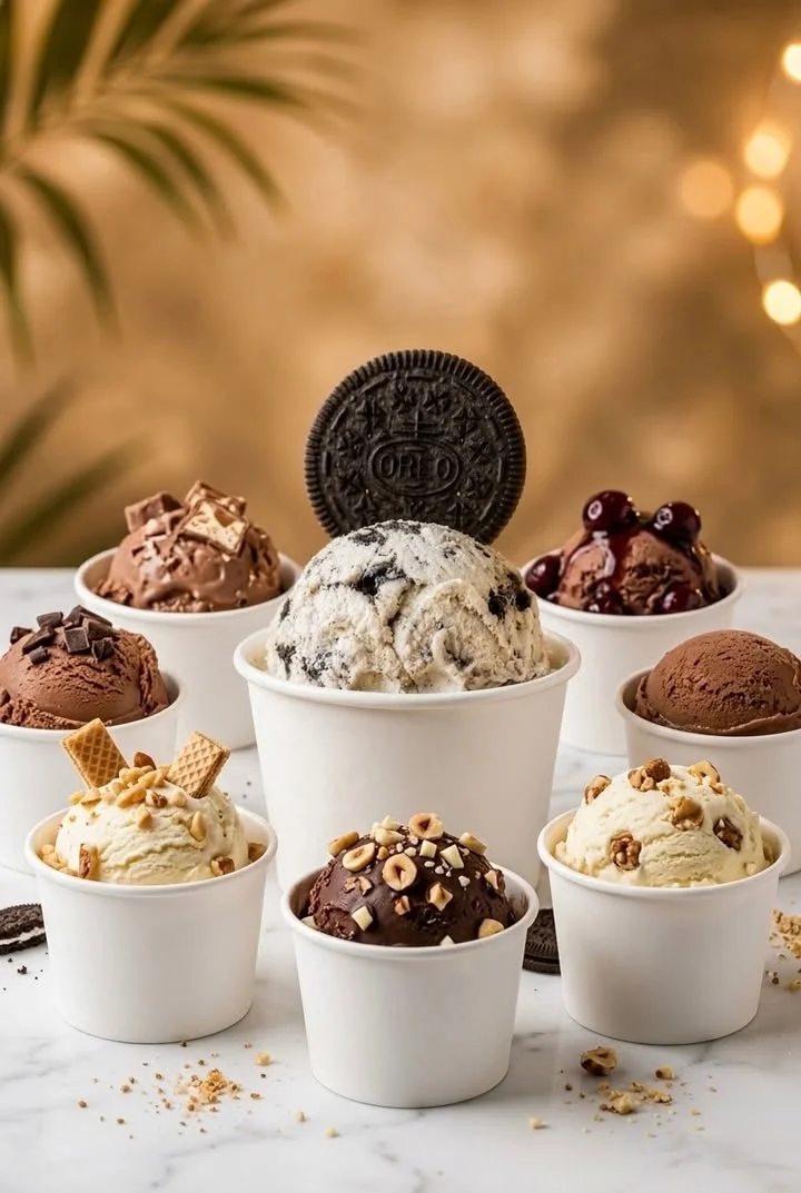 An assortment of ice cream flavors in white containers, including chocolate, cookies and cream, and nut-flavored varieties, with a cookie on top.