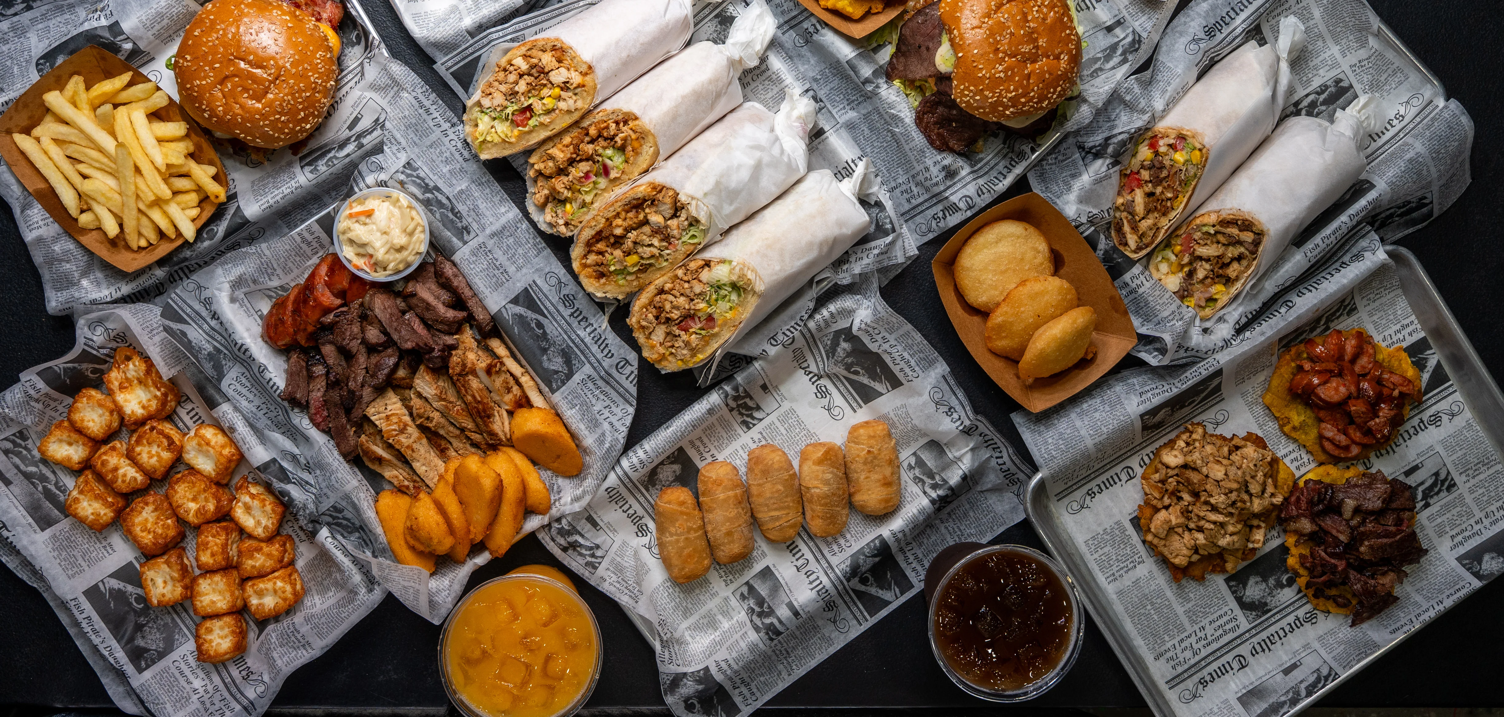 Variety of Latin American dishes including tacos and burritos