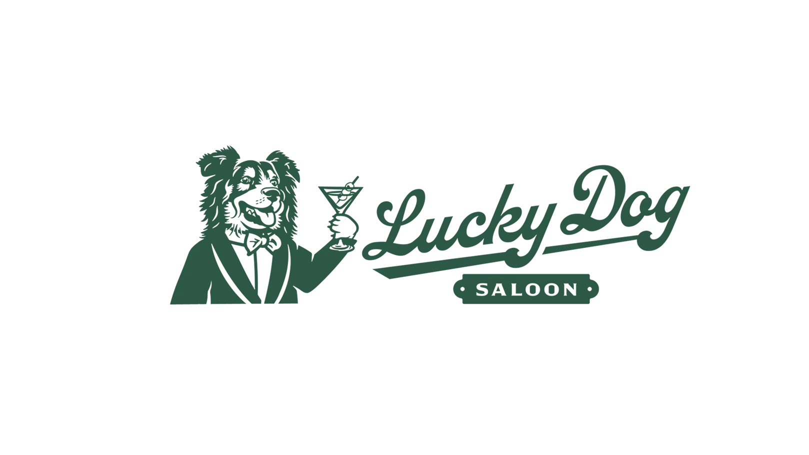 Lucky Dog Saloon logo featuring a dog in a tuxedo holding a cocktail