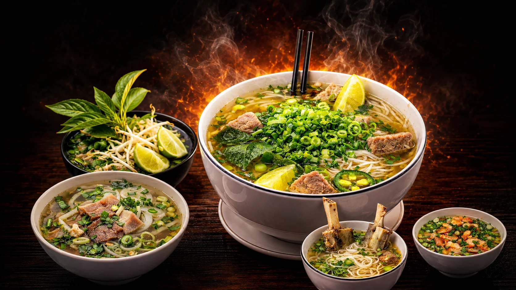 Bowl of Vietnamese pho with fresh herbs and lime