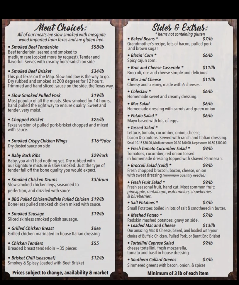 Menu featuring smoked meats and Southern sides