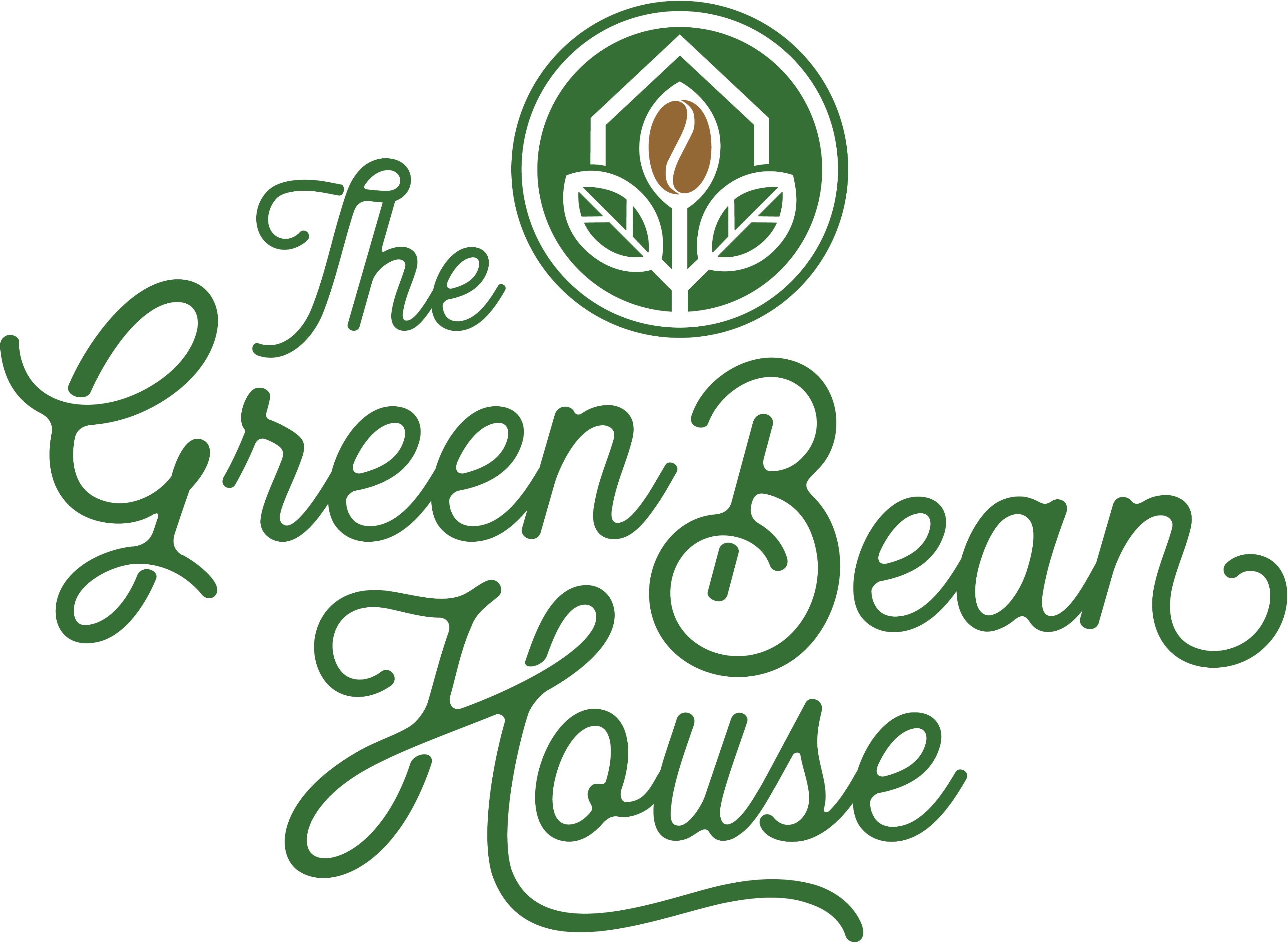 A logo featuring stylized text reading 'The Green Bean House' with a coffee bean and plant motif.