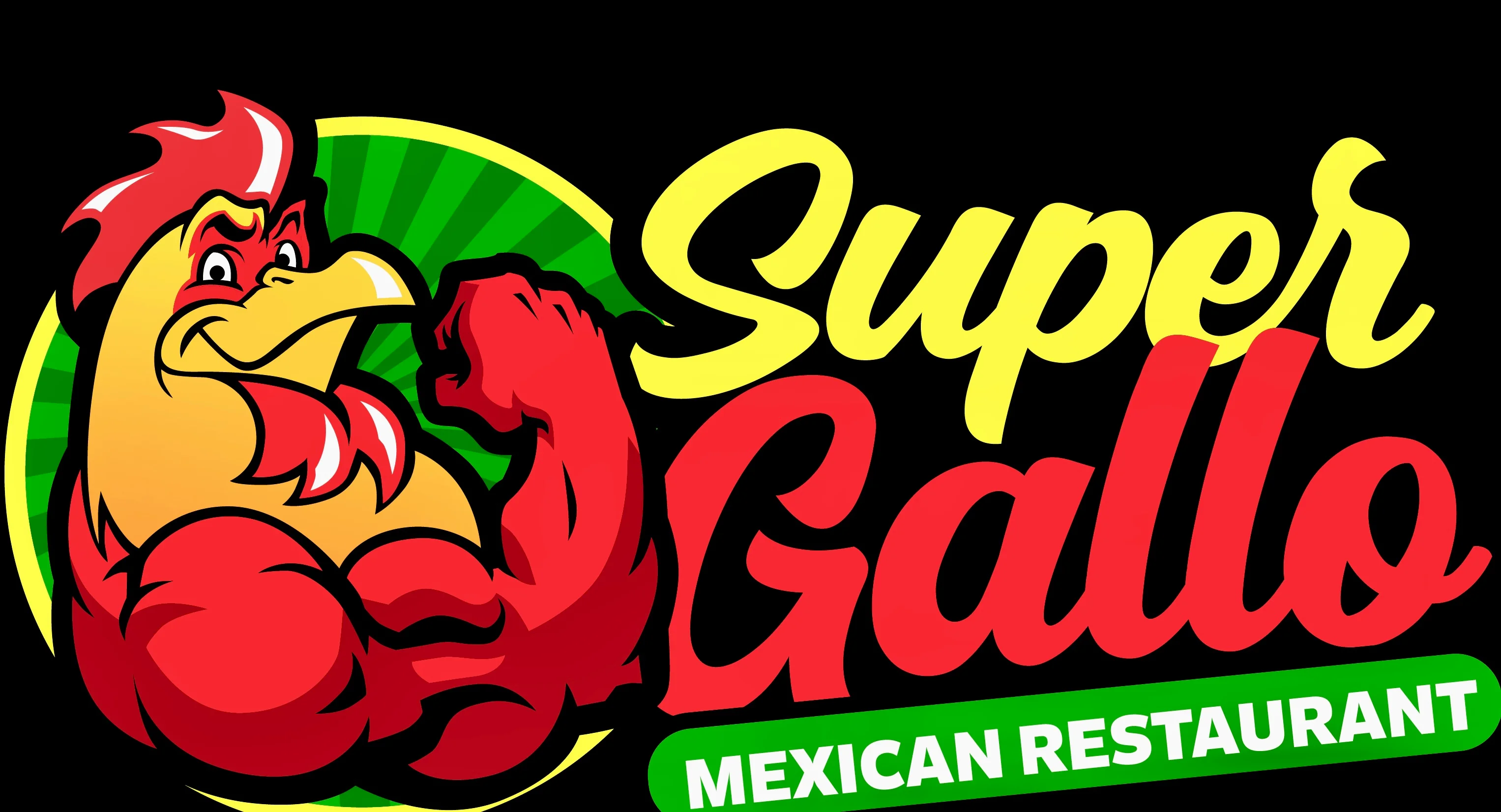 A colorful logo featuring a muscular rooster with red and yellow colors. The text includes 'Super Gallo' and 'Mexican Restaurant' with vibrant graphics.
