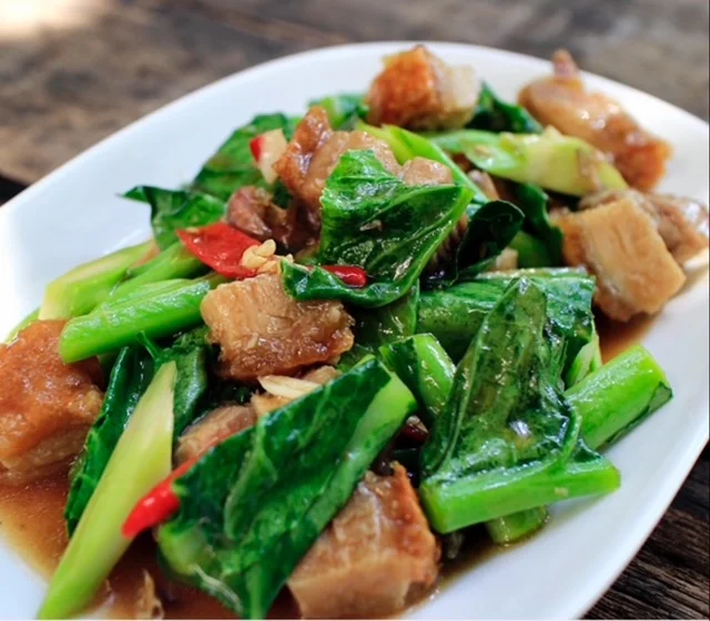 Kana Moo Grob, a traditional dish of Pork Belly with Asian Broccoli