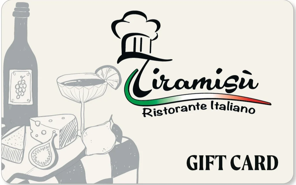 Gift card for Tiramisu Italian restaurant featuring wine and cheese