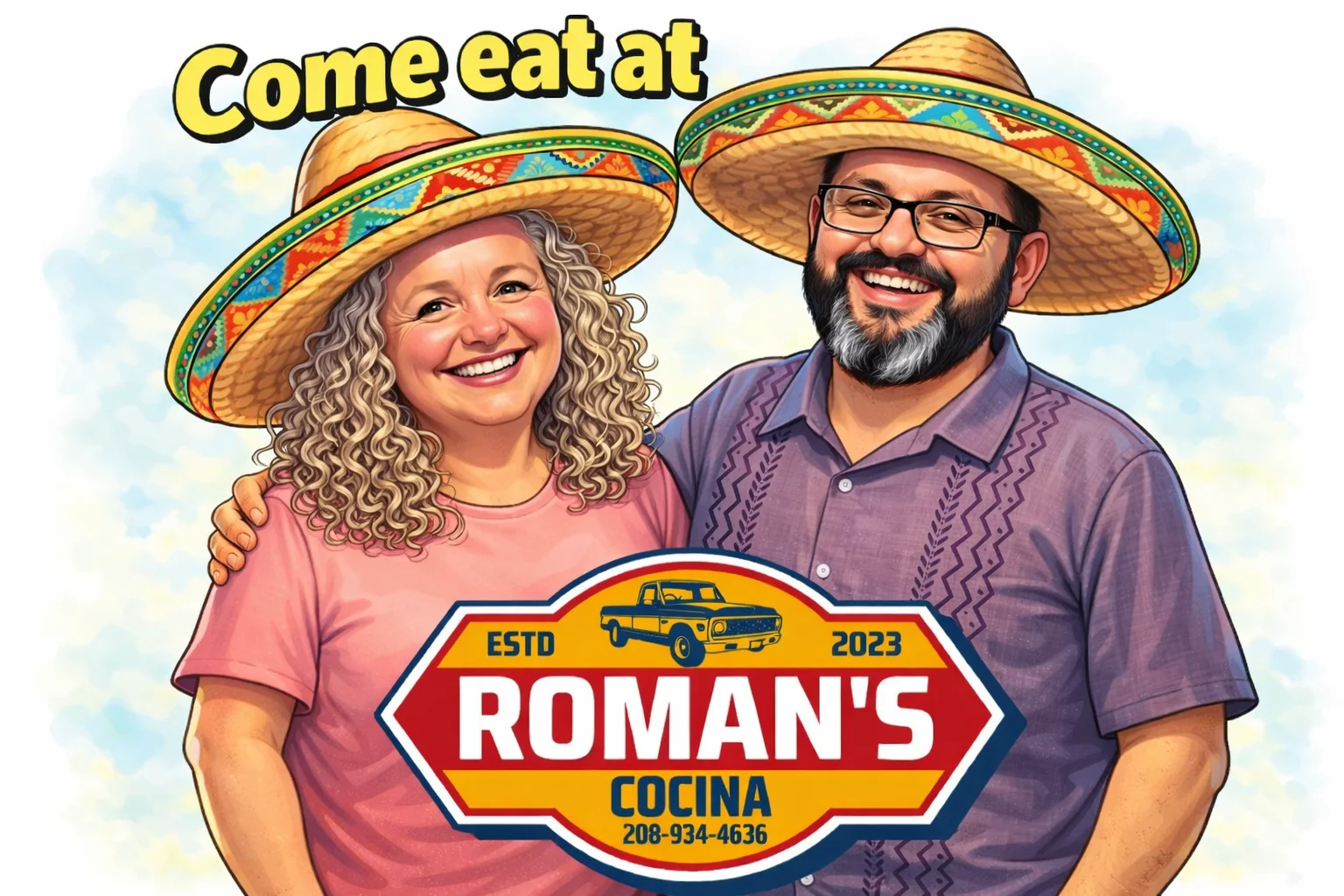 A colorful illustration featuring a man and a woman wearing sombreros, smiling exuberantly. They stand together next to a sign for a restaurant named 'Roman's Cocina.'