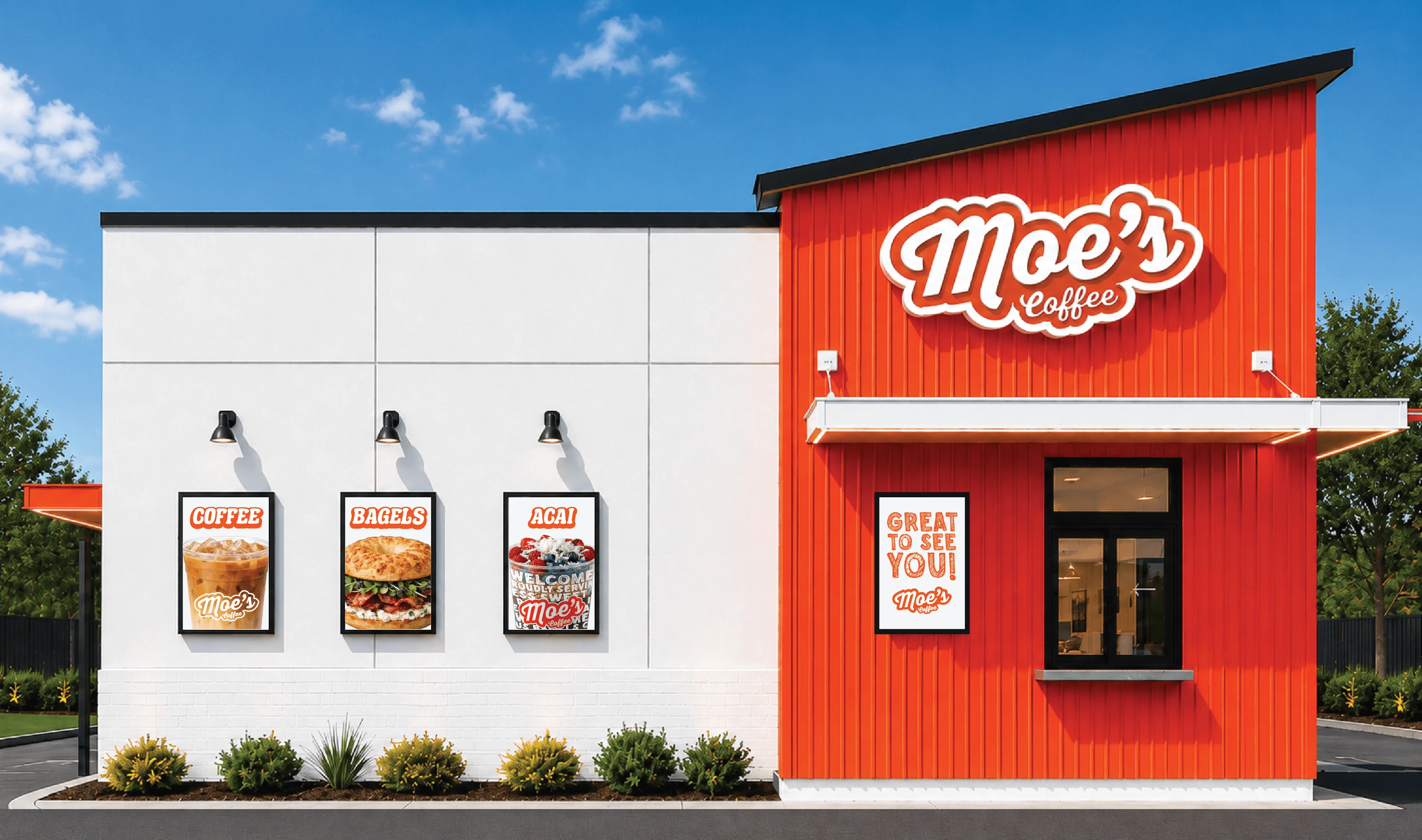 Exterior of Moe's Coffee shop with vibrant signage and outdoor seating