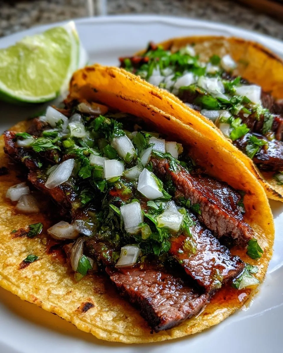 Two soft corn tortillas filled with grilled meat, topped with cilantro, onions, and accompanied by a lime wedge.