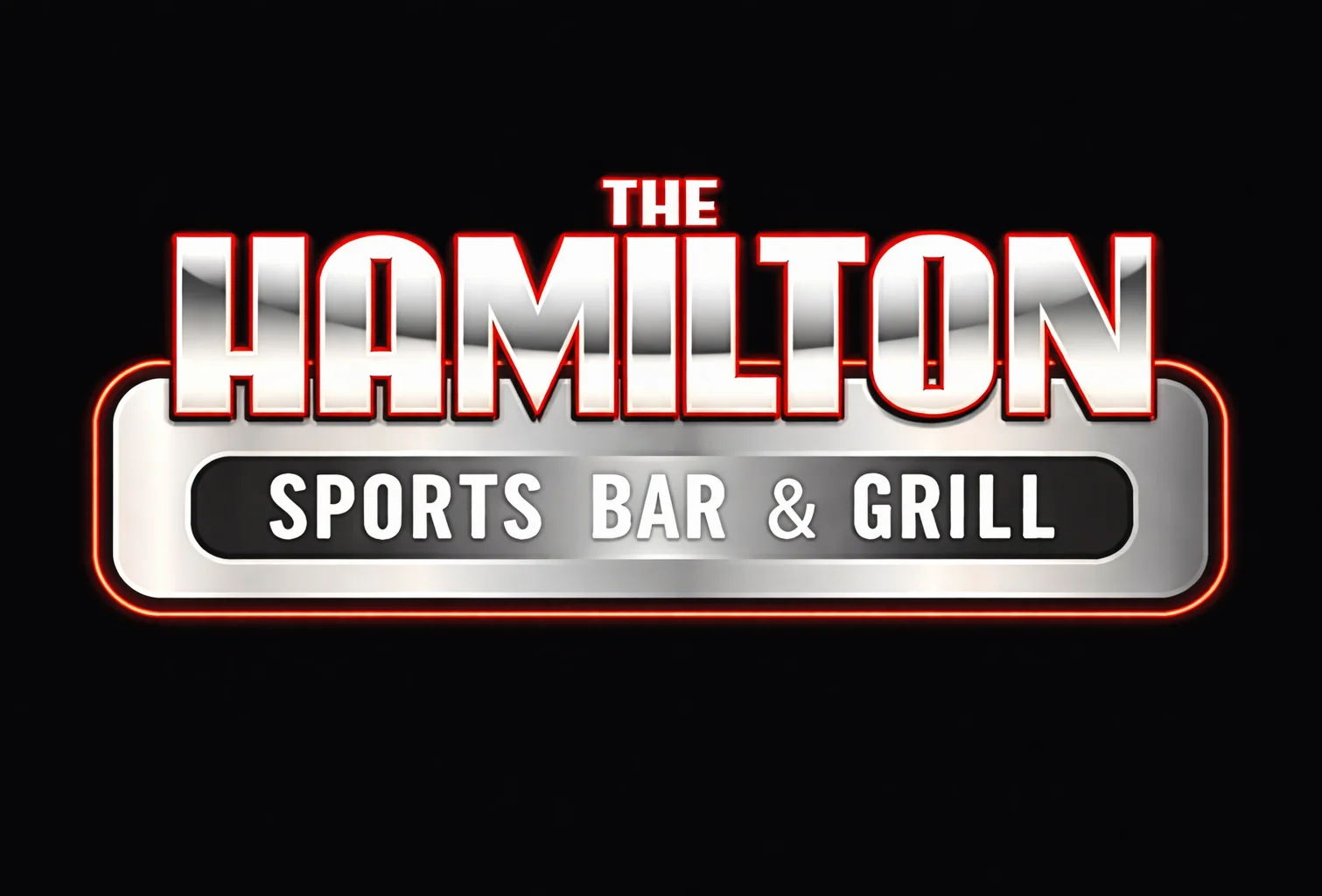 A logo featuring the words 'The Hamilton Sports Bar & Grill' in bold letters with a metallic design.