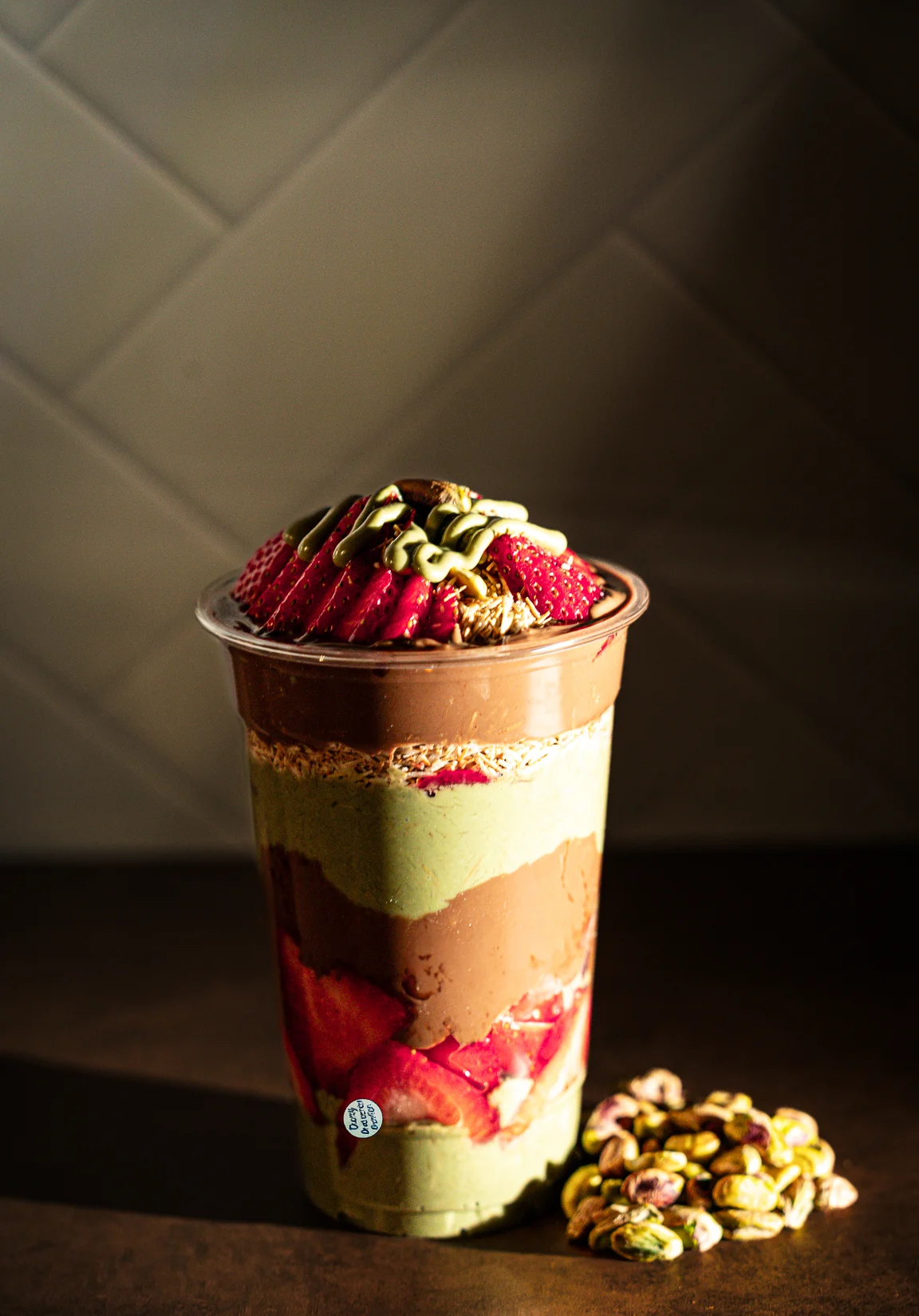 A layered dessert in a clear cup featuring chocolate, green matcha, and strawberries on top. The cup rests next to some beautifully colored pistachios.