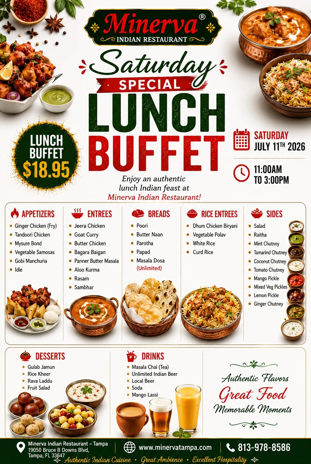 Authentic Indian dinner buffet featuring Chicken Dum Biryani and Goat Rogan Josh