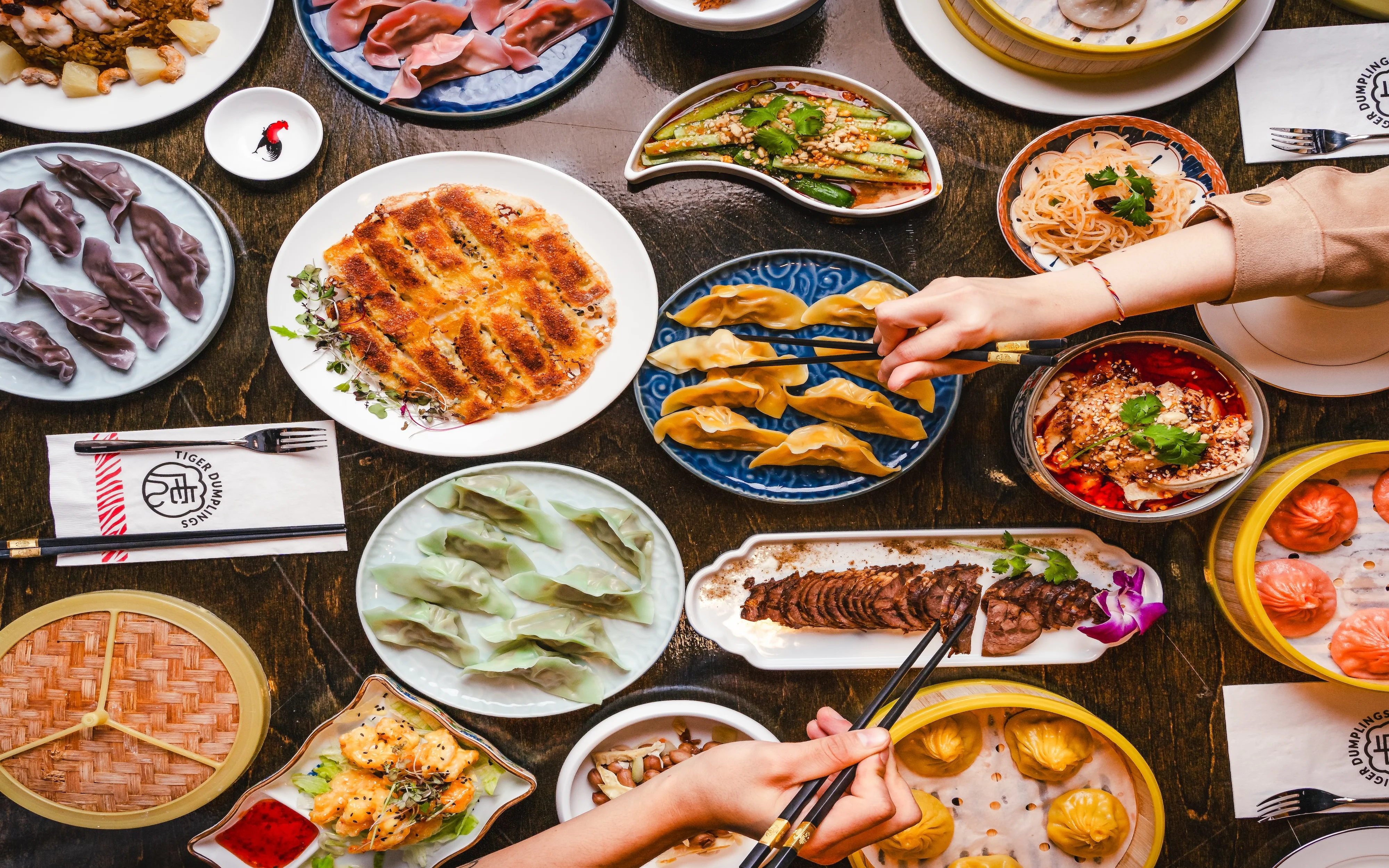 Assorted Chinese dumplings and dishes on a wooden table