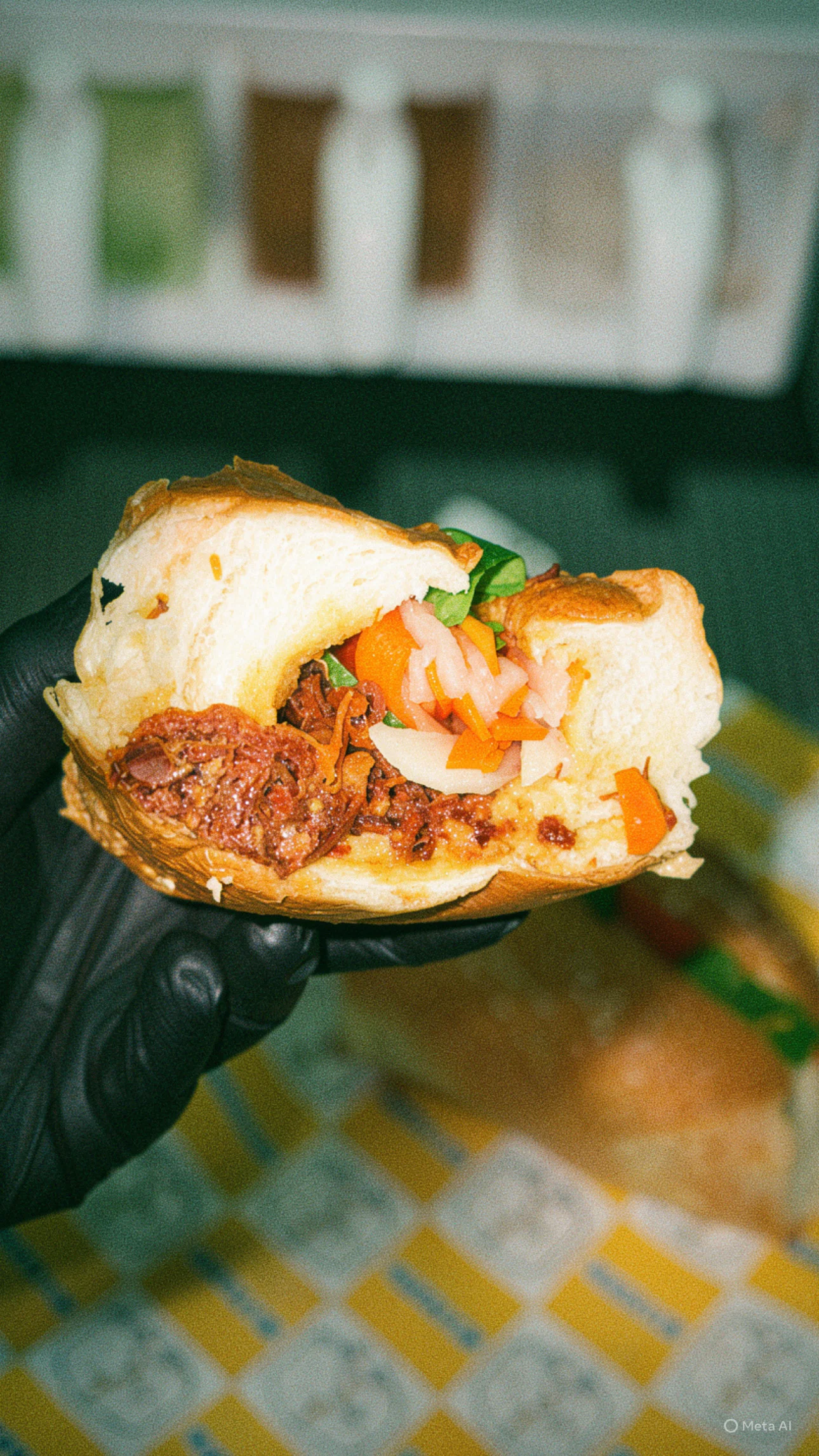 A sandwich filled with sliced meats, fresh vegetables, and cilantro in a crusty roll.