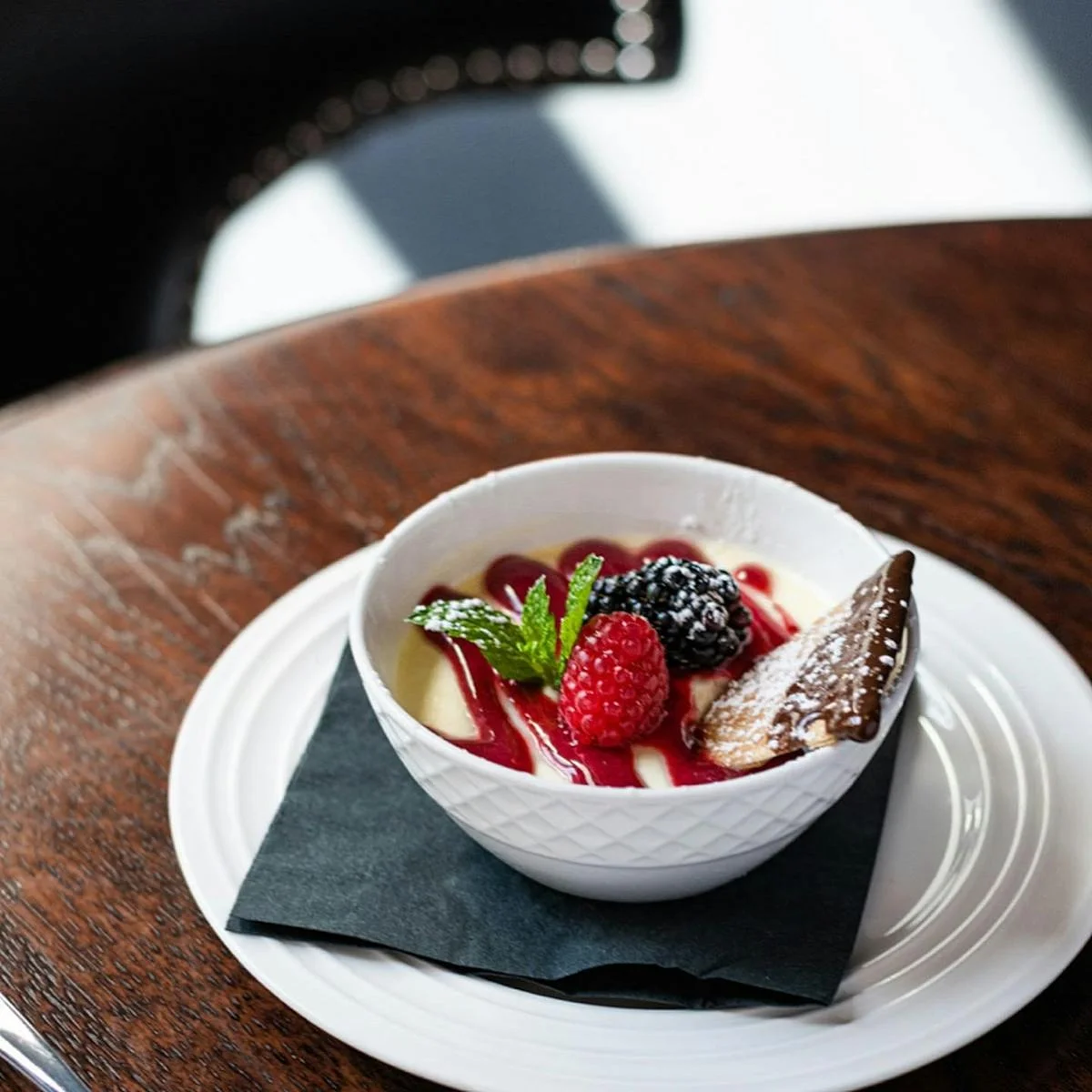 Decadent panna cotta with berries and raspberry sauce