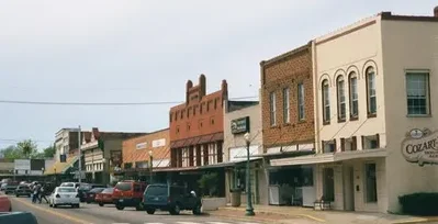 Charming small-town street with historic buildings