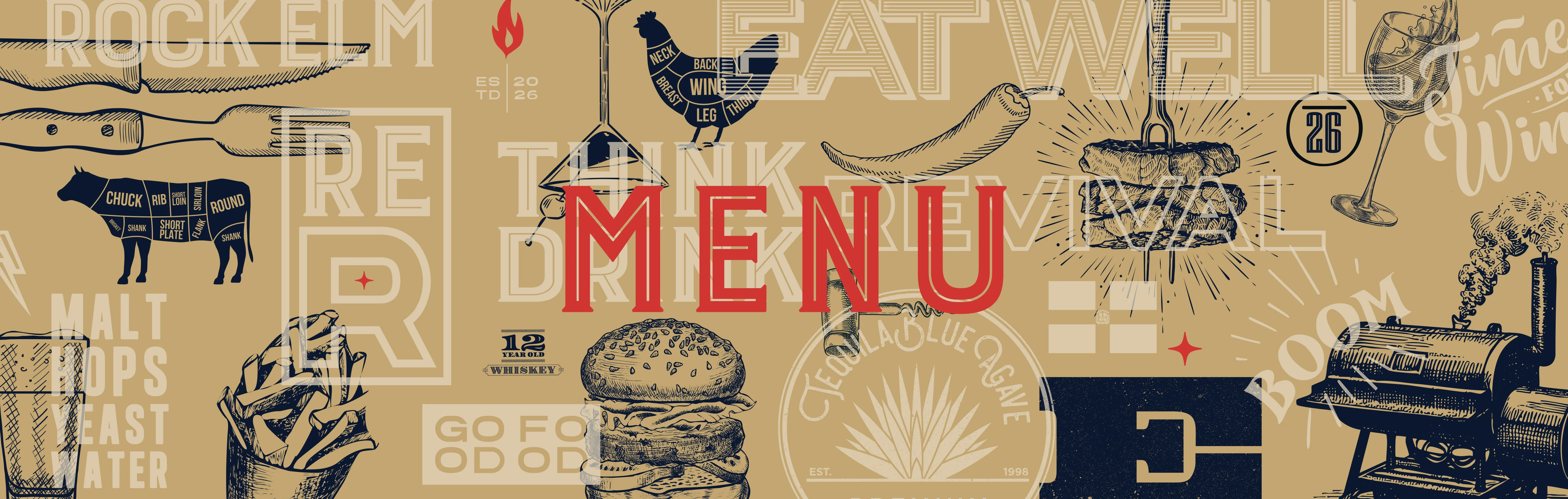 Colorful restaurant menu wallpaper featuring various dishes and drinks.