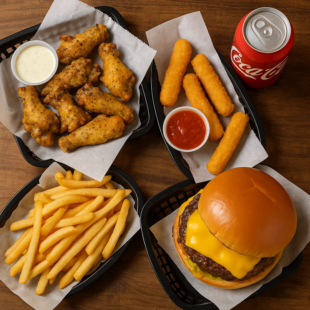 Classic American burger with wings and fries