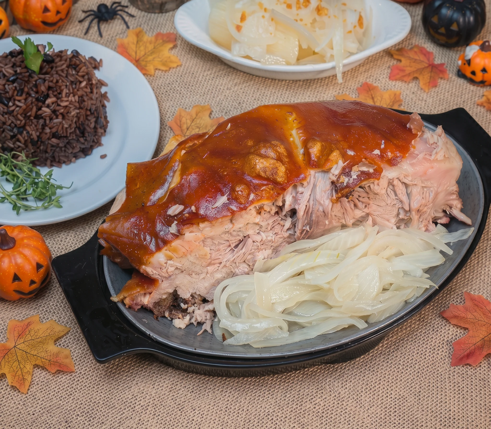 A variety of delicious dishes on plates, including sandwiches, pastries, and drinks, presented on a wooden table.