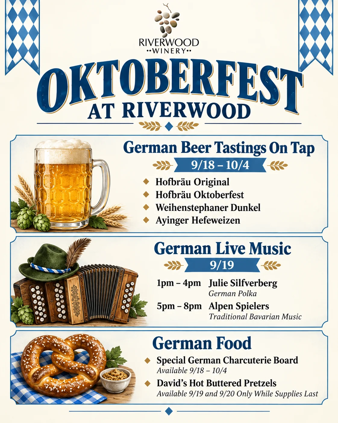 Oktoberfest event poster featuring German beer tastings and live music schedule