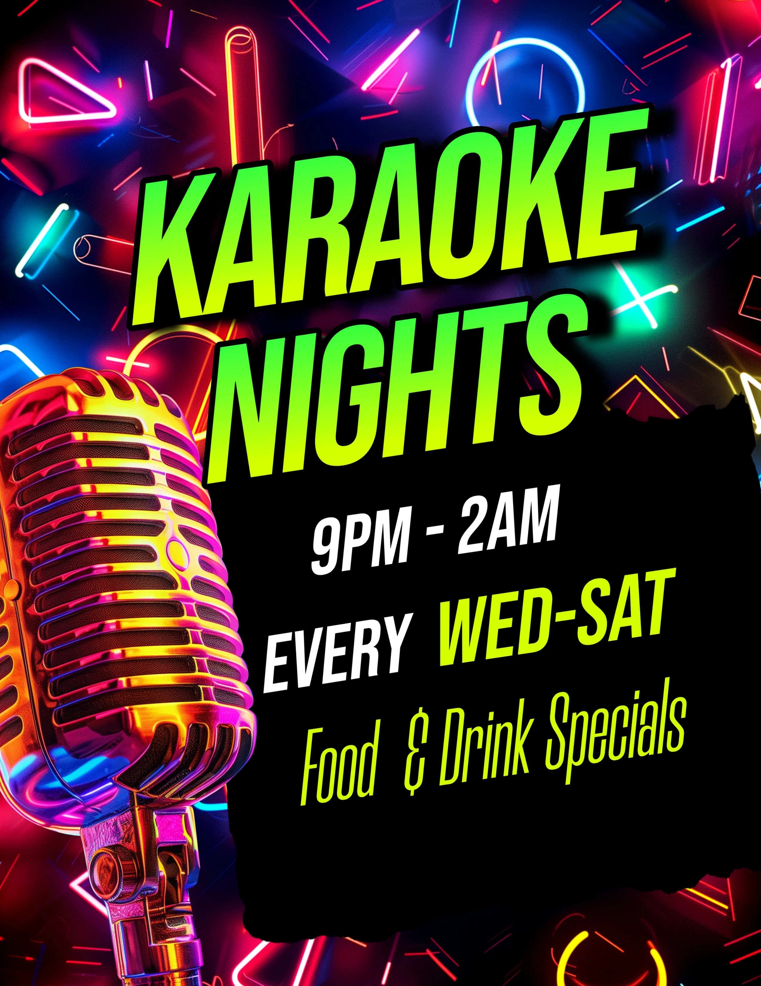 Vibrant karaoke night poster with neon lights and microphone