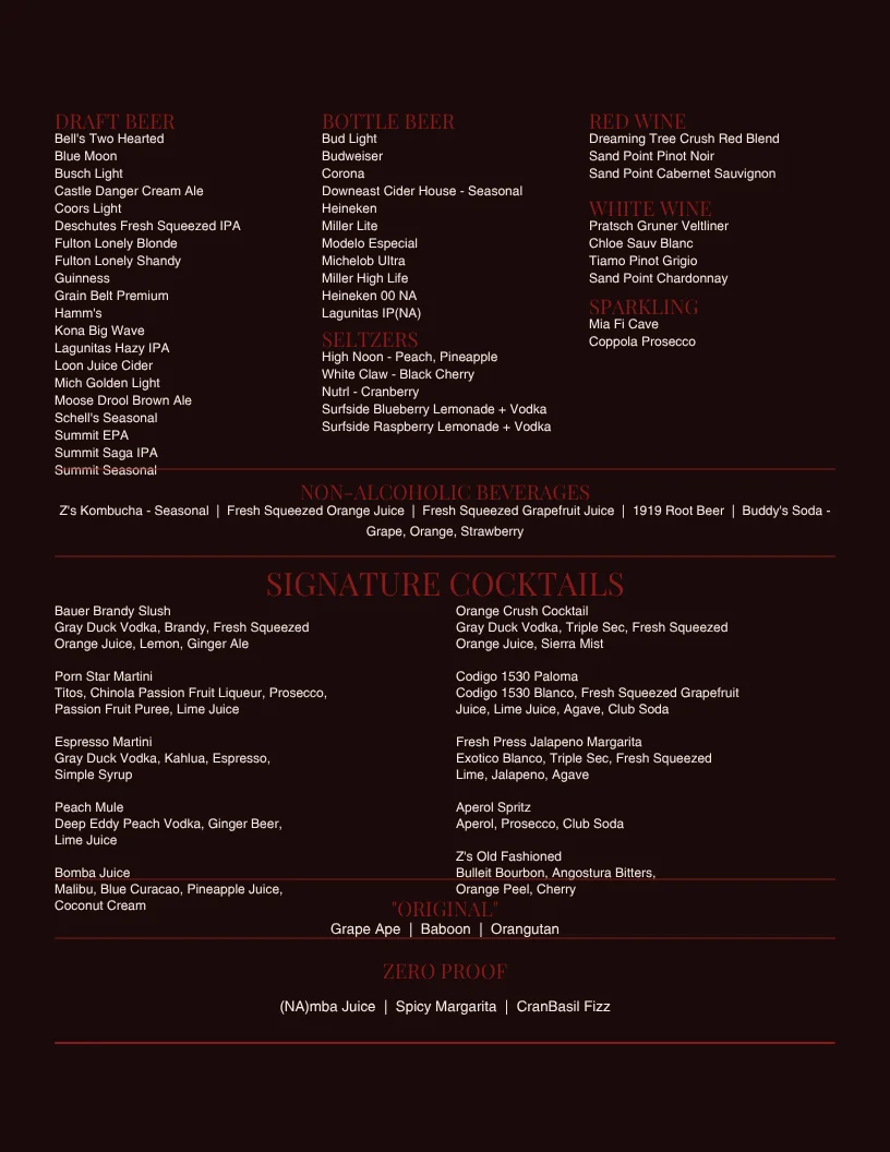 Comprehensive drink menu featuring cocktails and beverages