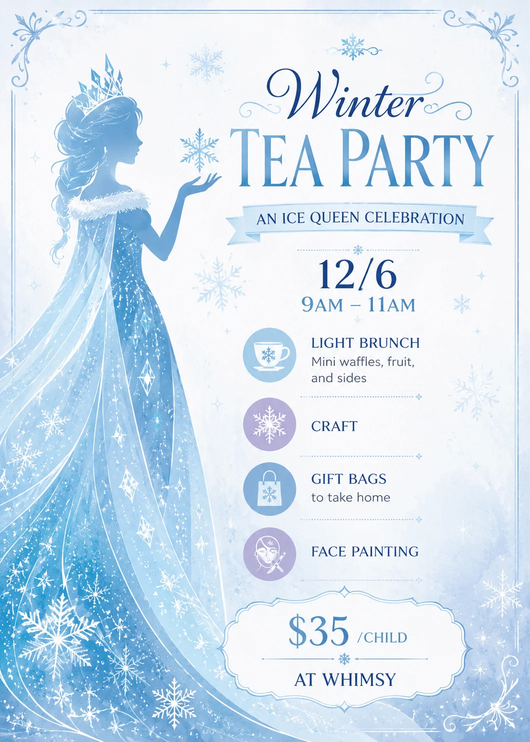 A promotional poster for a winter tea party featuring an ice queen theme, with details about activities included.