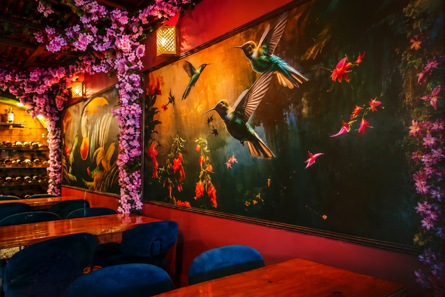 Vibrant restaurant interior with floral decor and hummingbird artwork