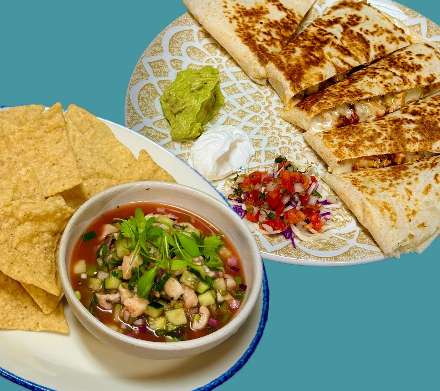 Mexican quesadillas with guacamole and salsa on a decorative plate