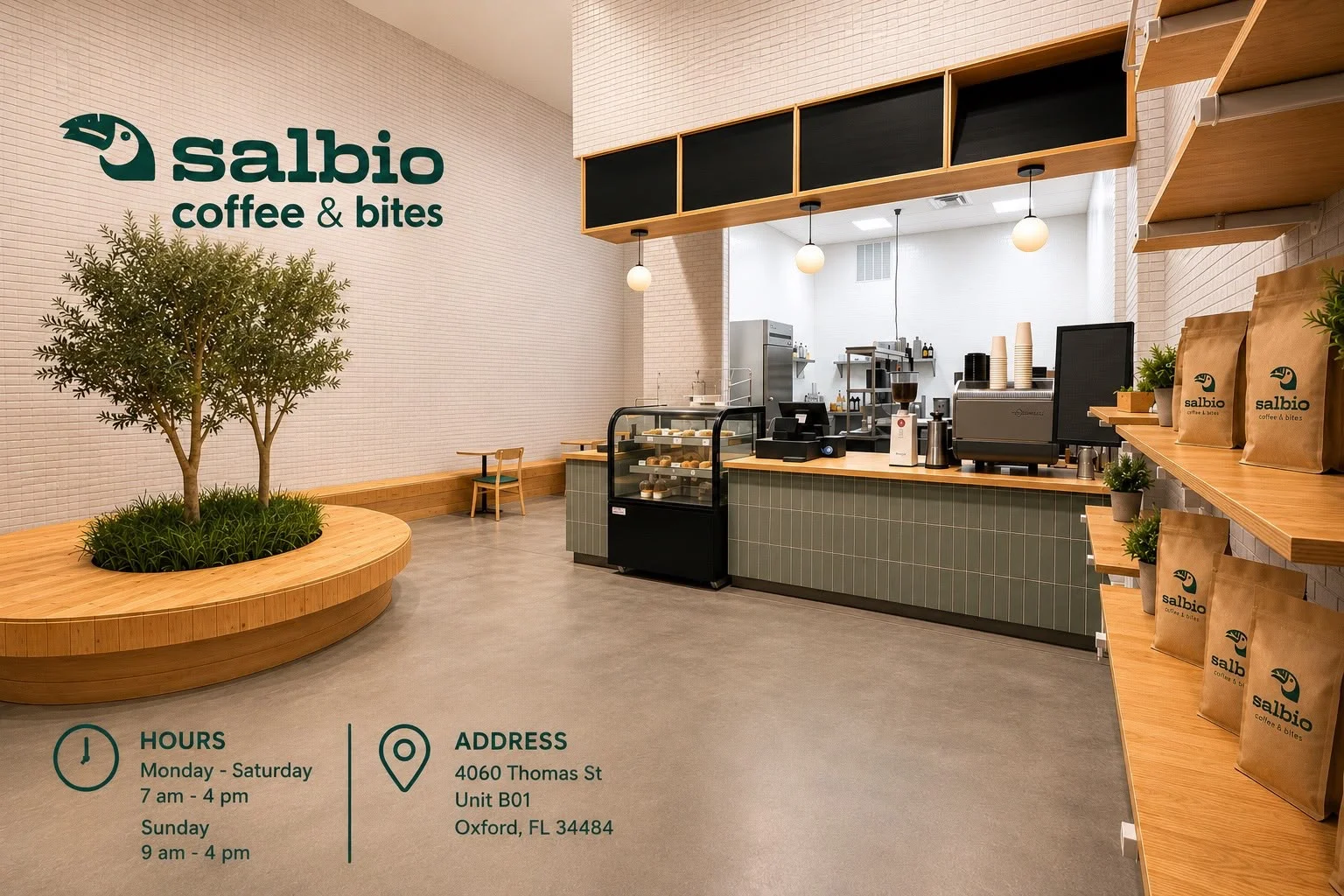 Modern coffee shop interior with seating and display case