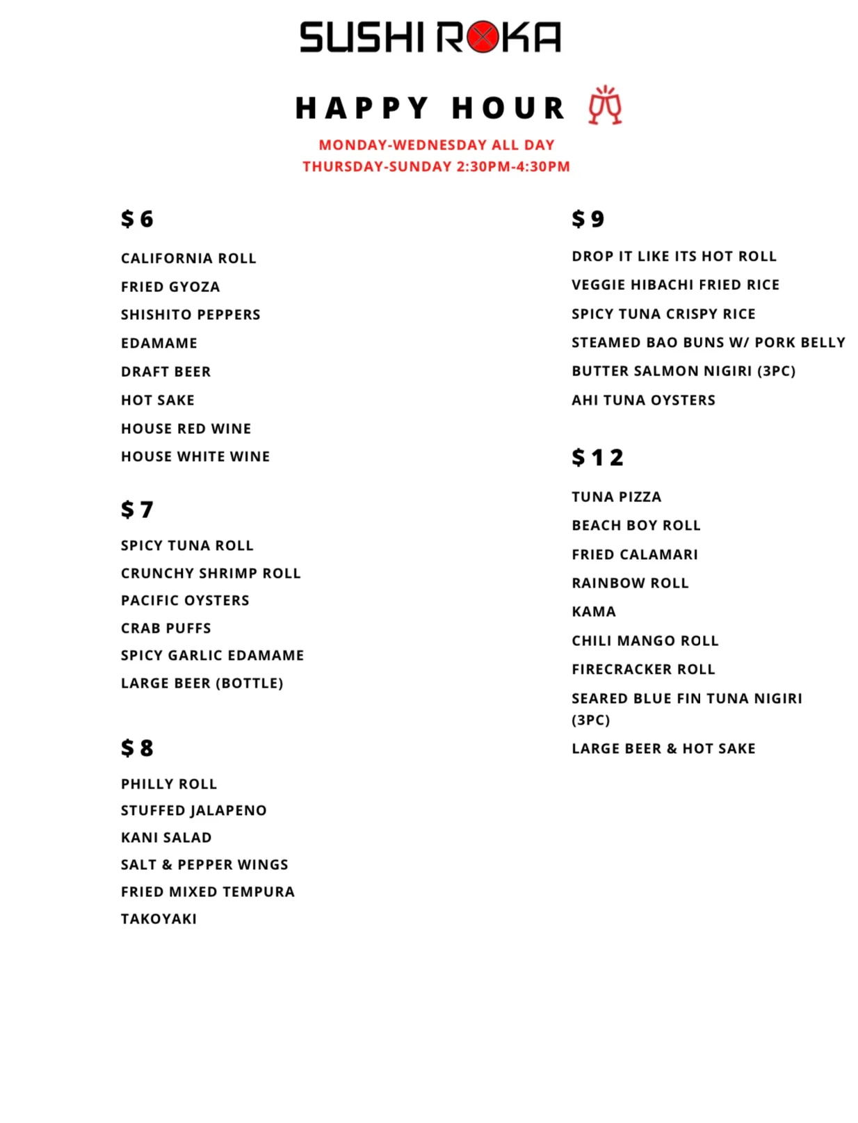 Happy hour menu for Sushi Roka featuring sushi and Japanese dishes