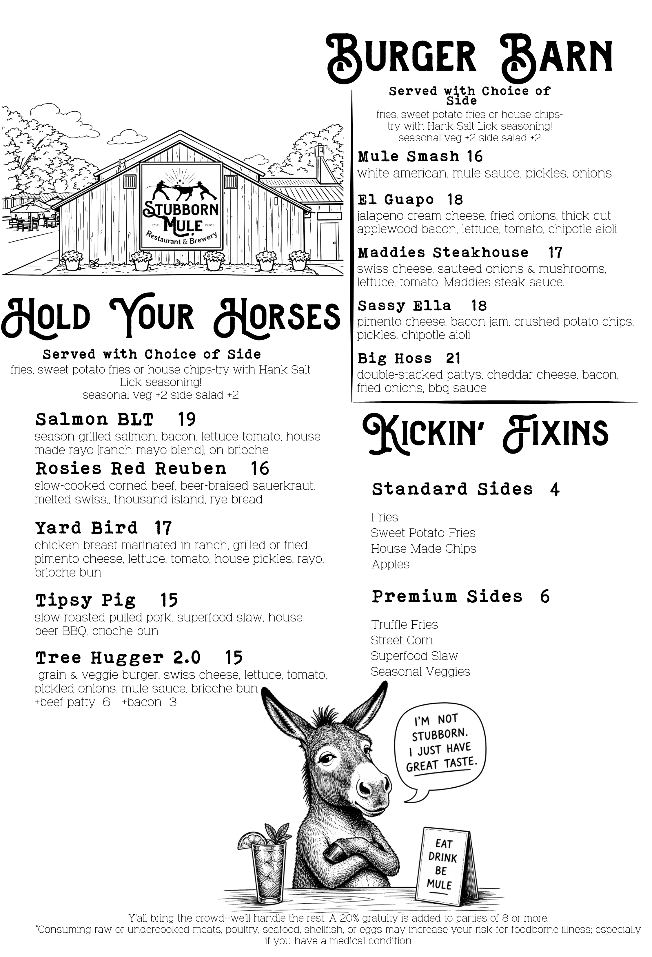 Menu of Stubborn Mule featuring various food and drink options.