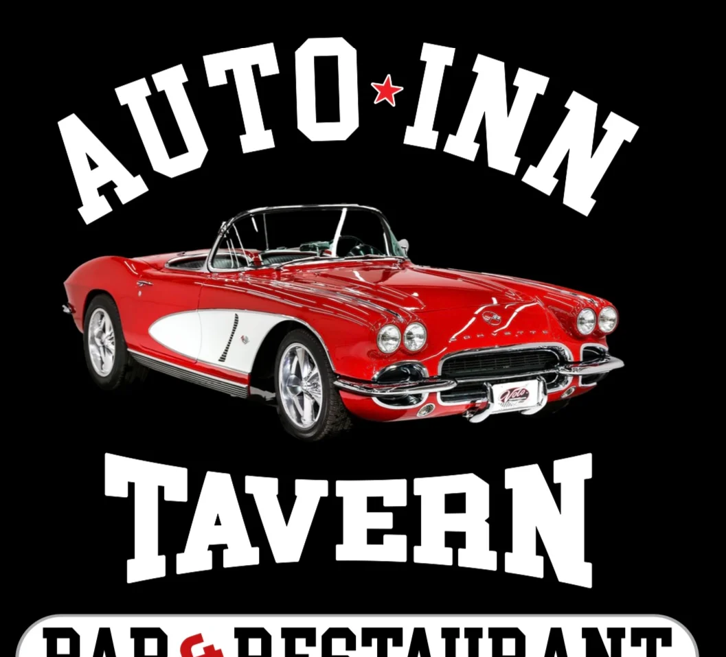 Classic red convertible car with restaurant branding