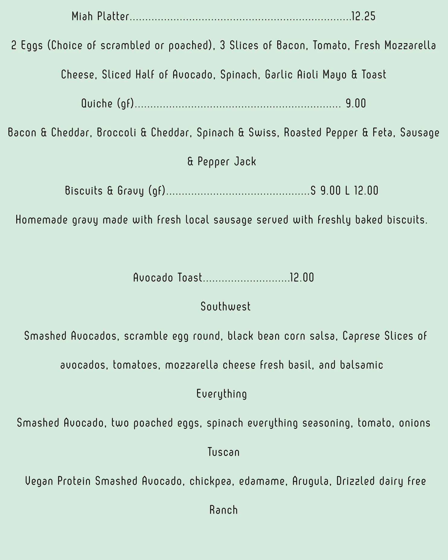 Coffee and espresso drink menu with prices