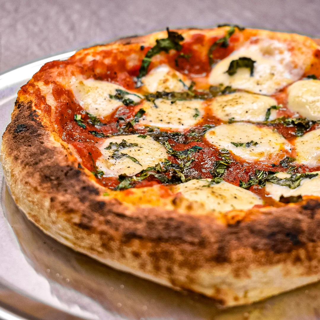 A freshly baked pizza topped with mozzarella cheese and basil, showing a crispy crust and rich tomato sauce.