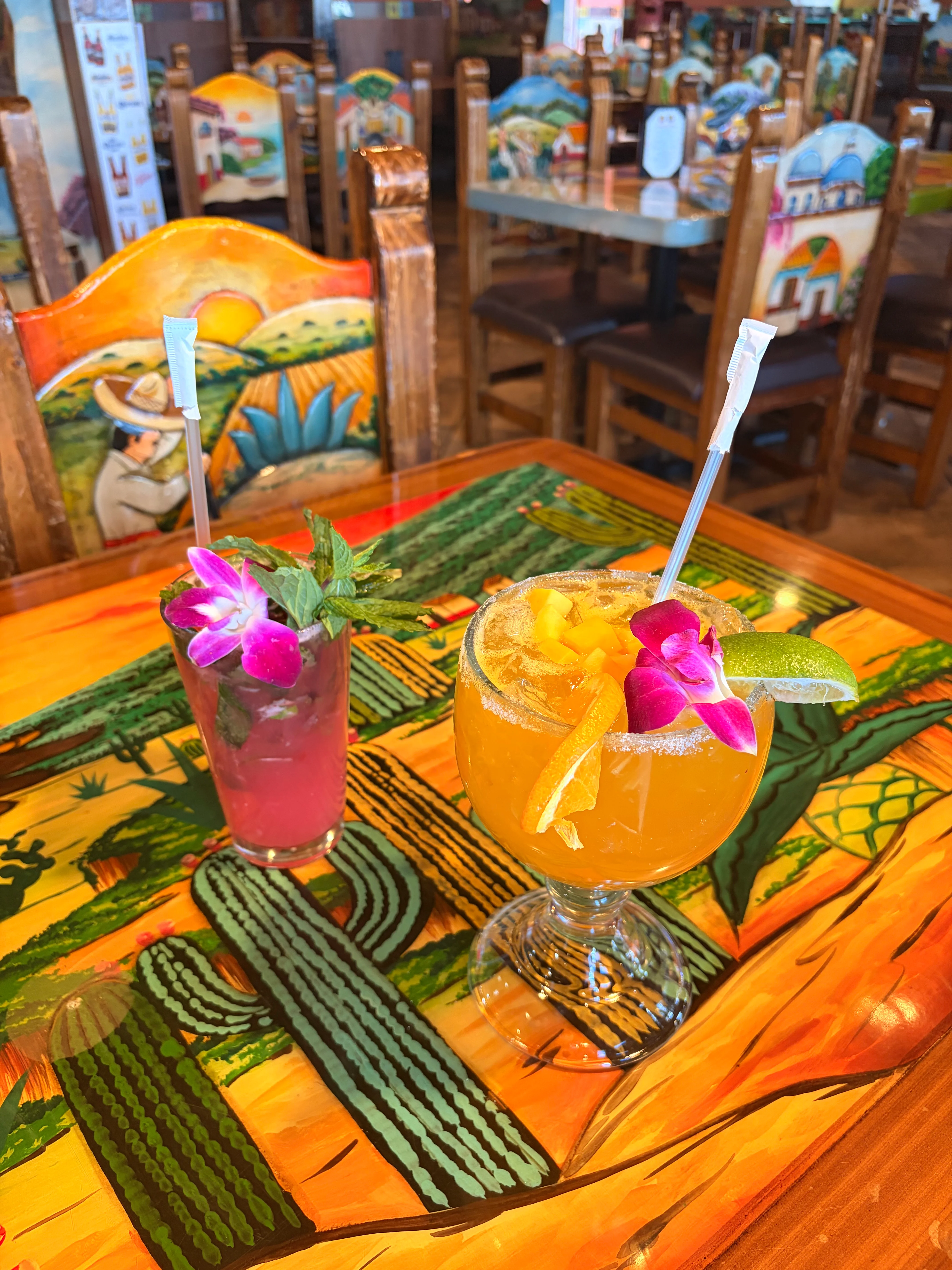 Colorful cocktails on a vibrant Mexican restaurant table