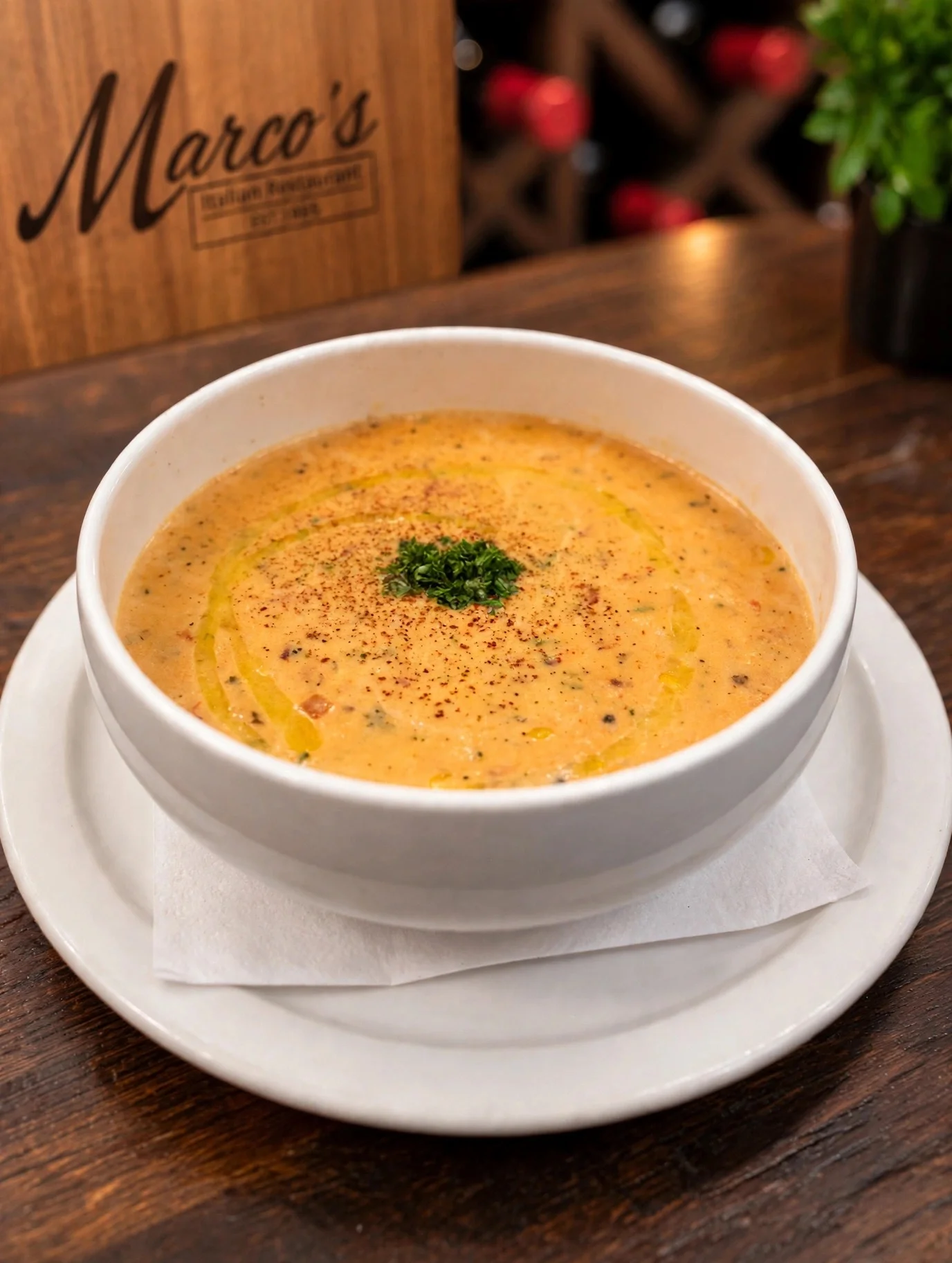 Bowl of creamy soup at Marco's Italian Restaurant in Ashland VA
