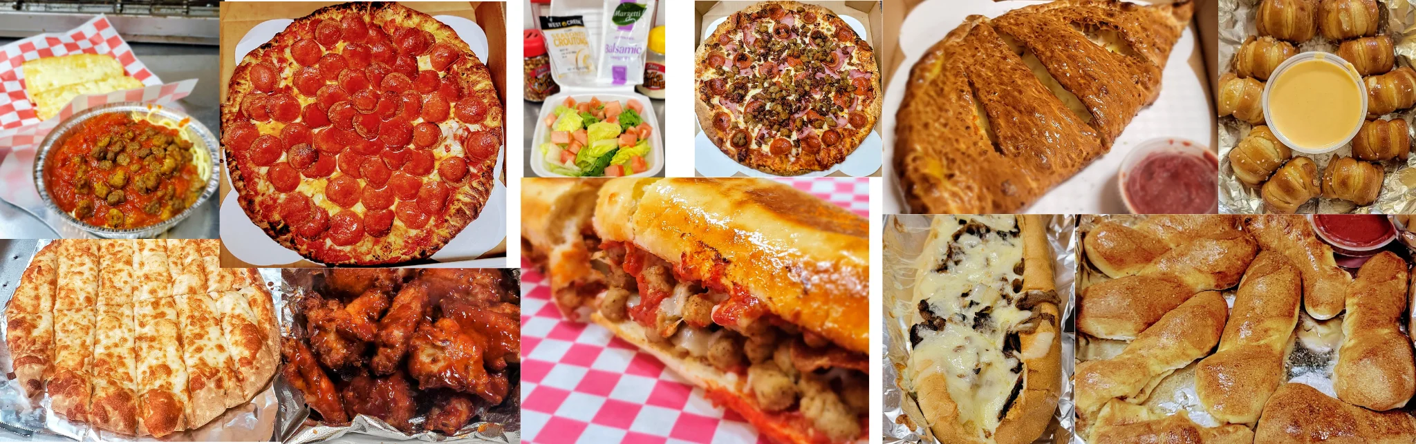 Variety of pizzas and appetizers from an American pizzeria