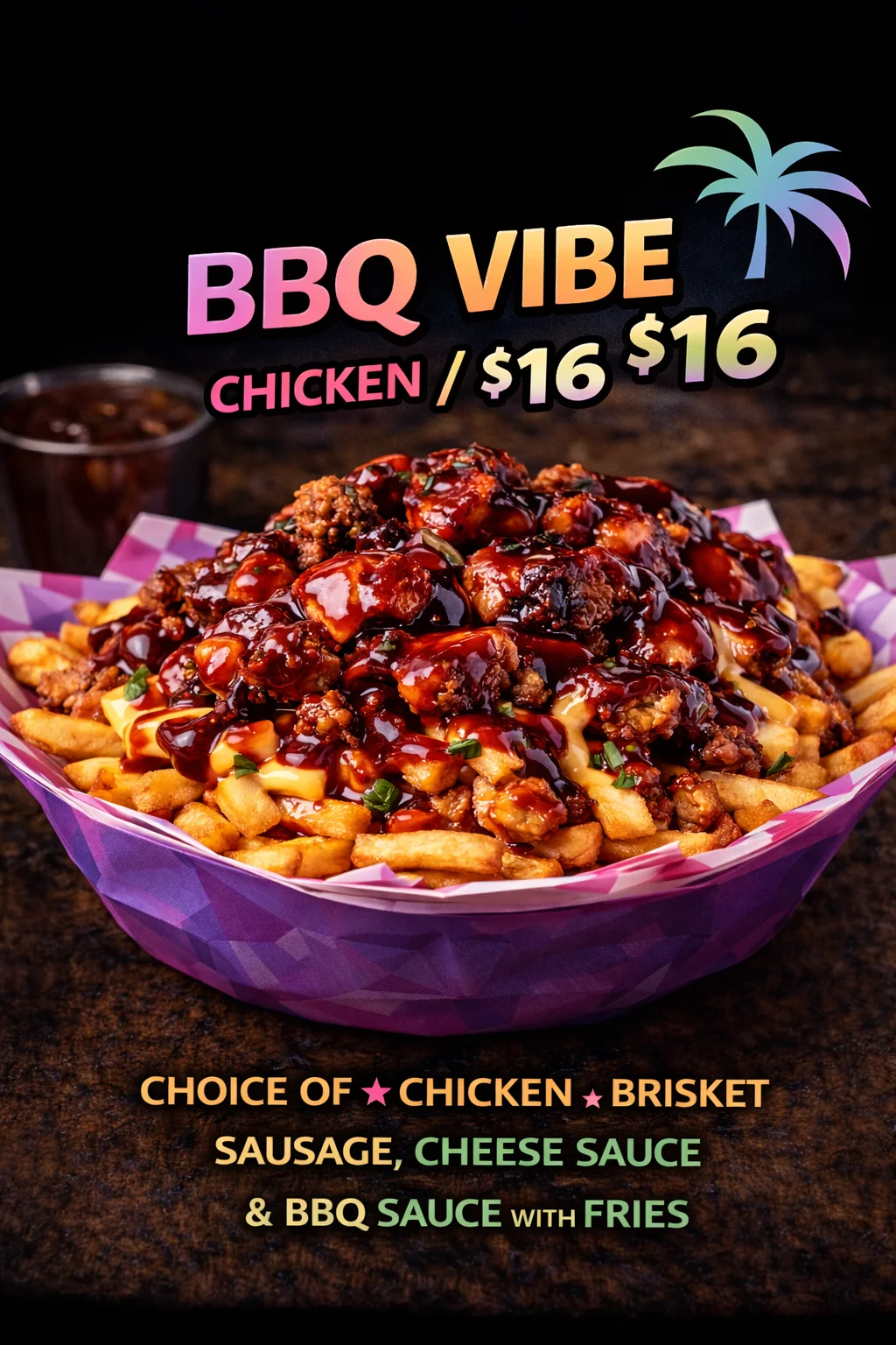 A bowl of loaded fries topped with crispy chicken, BBQ sauce, and garnishes. The dish is served on a colorful plate and has a tropical theme.