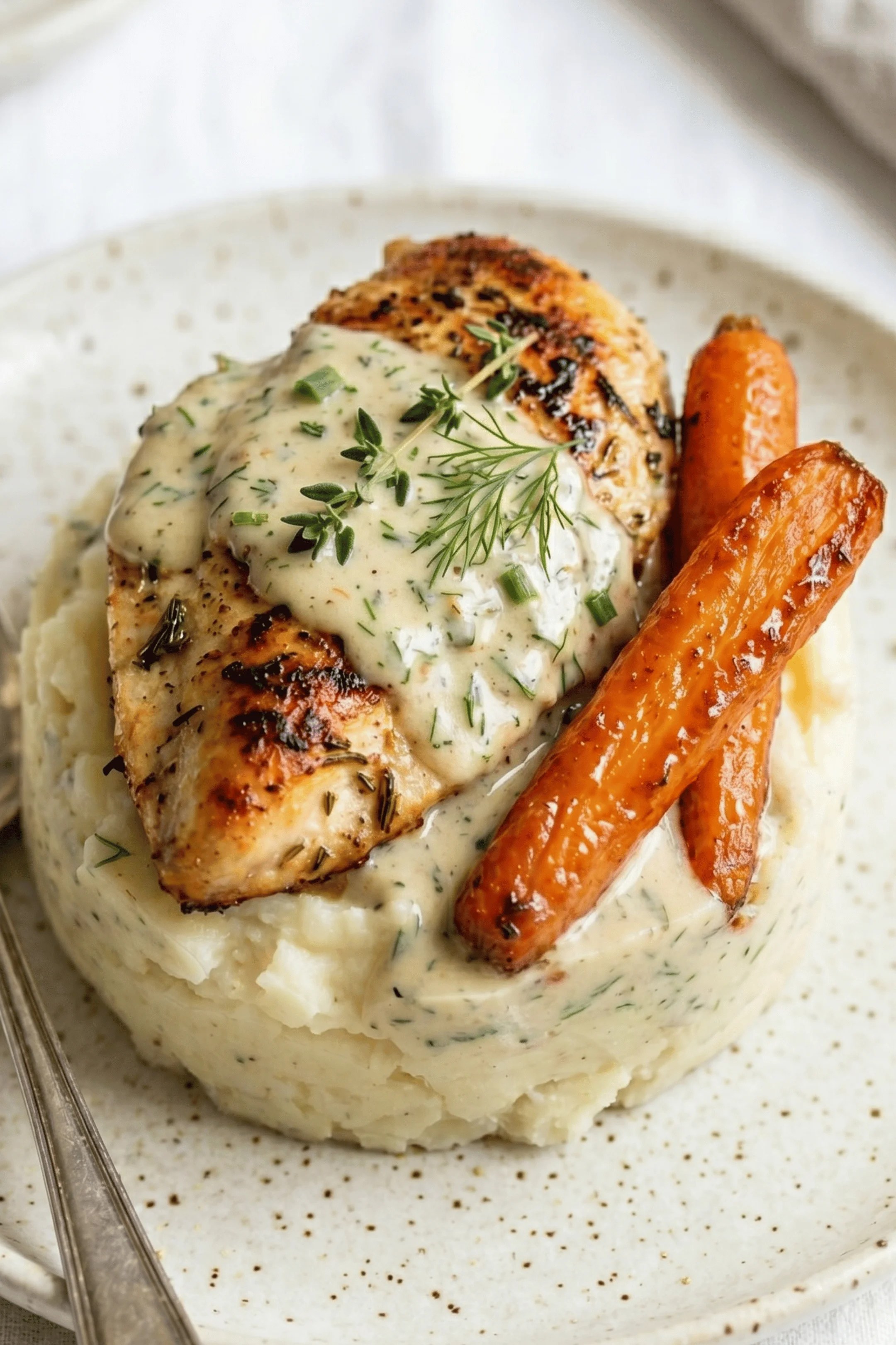 Grilled chicken with creamy sauce and mashed potatoes
